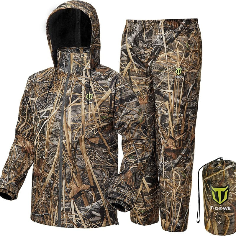 Camouflage jacket and pants from the 270 Degree 3 Full Panels See Through Hunting Blind and Rain Suit Bundle, designed for optimal concealment and durability in hunting environments.
