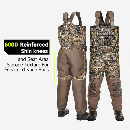 AquaWade Pro Insulated Duck Waterfowl Hunting Chest Waders featuring camouflage overalls with reinforced knees, adjustable suspenders, and durable, waterproof construction.