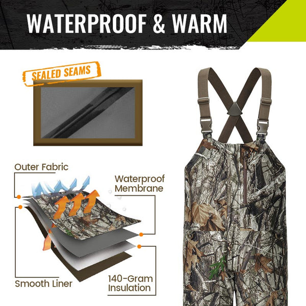 Men's insulated camo hunting bibs with battery, waterproof heated bib for outdoor warmth and comfort.