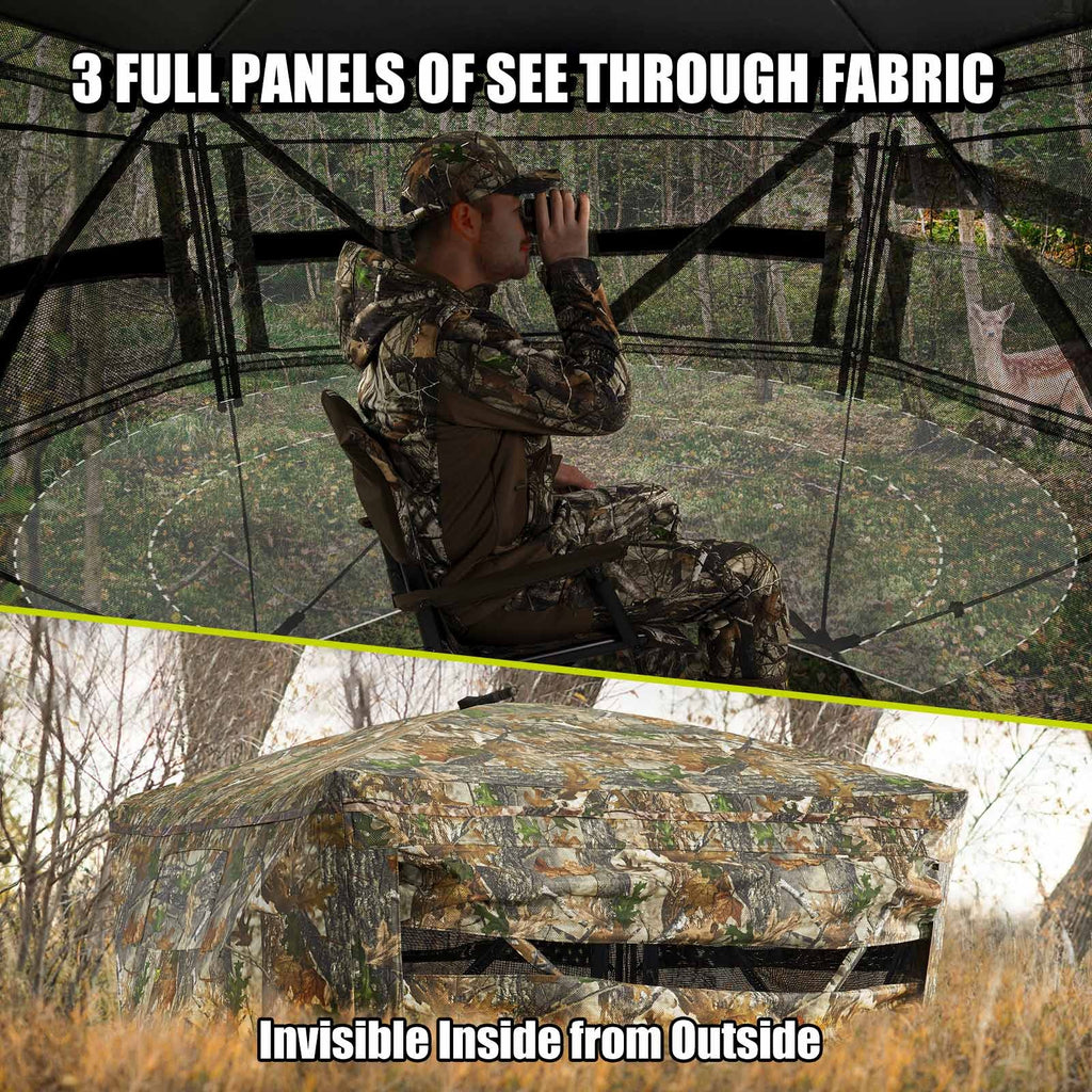 Man in camouflage using binoculars in a TIDEWE 270 Degree 3 Full Panels See Through Hunting Blind and Rain Suit Bundle.