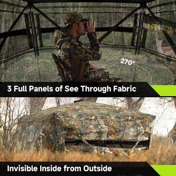 A man in camouflage sits in a see-through hunting blind, using binoculars. The pop-up ground blind offers a 270-degree view and comes with a carrying bag.