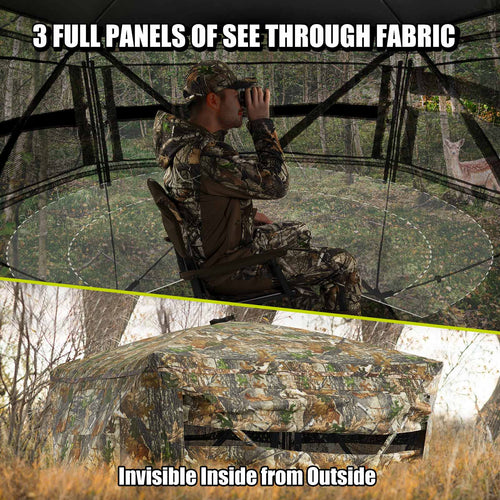 Man in camouflage uses a rangefinder while sitting beside a 270-degree see-through hunting blind with three full panels and noise-free sliding windows.