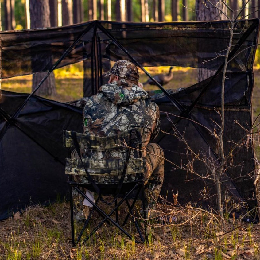 A man sitting behind a ground blind