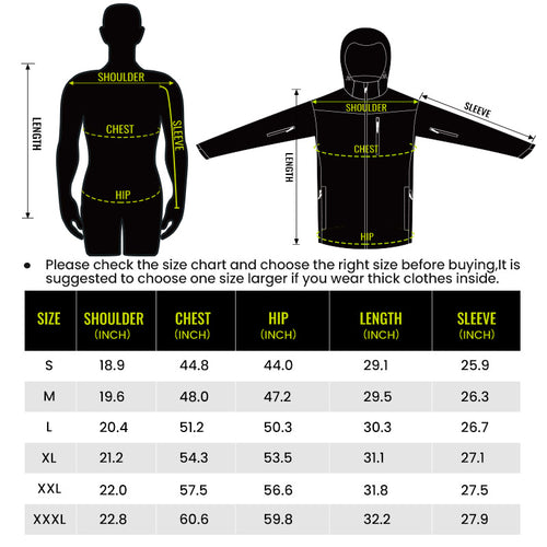 TideWe Men's Soft Shell Heated Jacket with detachable hood and battery pack, featuring measurements and a man's silhouette.