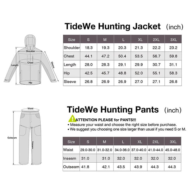 TideWe Men's Hunting Clothes size chart, white pants with pockets, and jacket diagram for outdoor activities.