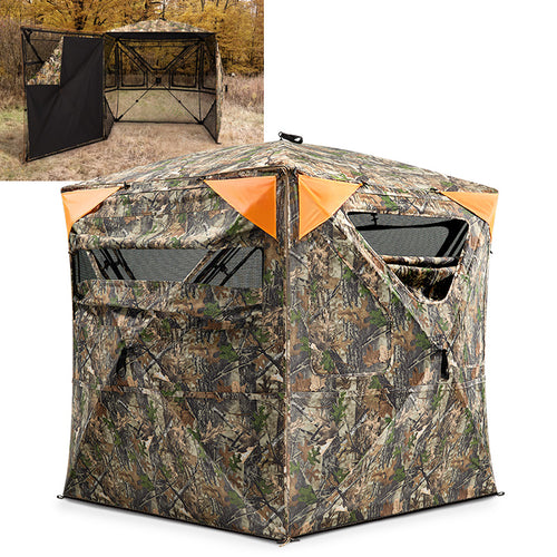 Camouflaged hunting blind with 160-square-inch detachable orange safety panels for gun hunting.