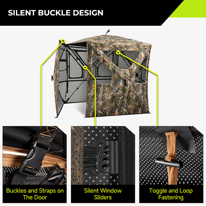 TIDEWE hunting blind with silent buckle design, featuring noise-reducing buckles and window sliders.