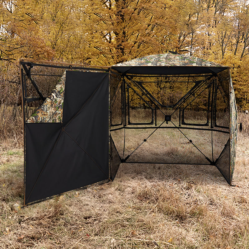 TIDEWE pop-up hunting blind with 90-degree side door and 270°/360° blackout panel for visibility.