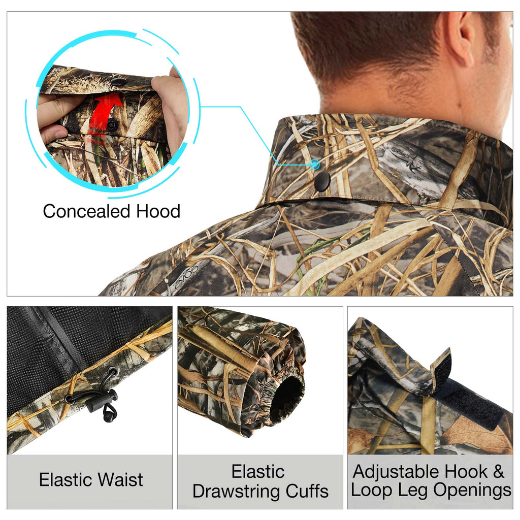 Man in camouflage jacket adjusting the zipper, showcasing the TIDEWE 270 Degree 3 Full Panels See Through Hunting Blind and Rain Suit Bundle.