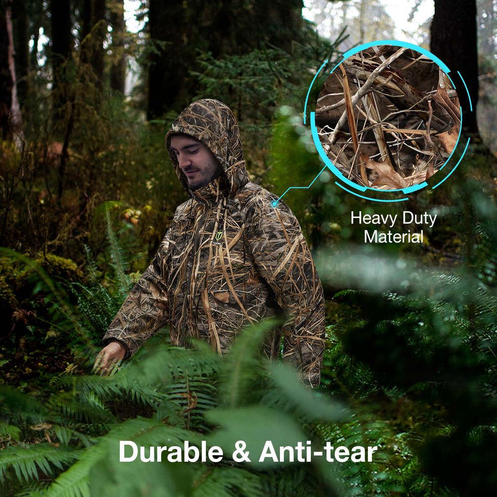 Man in camouflage jacket using the 270 Degree 3 Full Panels See Through Hunting Blind and Rain Suit Bundle in a forest setting.