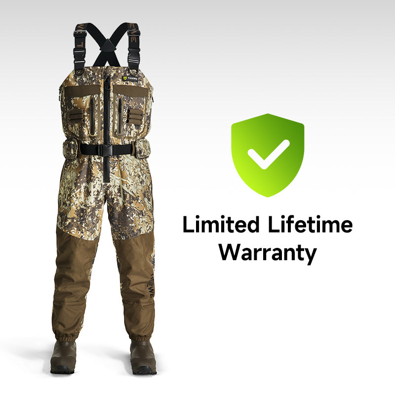 DeepWade Zipped Duck Waterfowl Hunting Breathable Chest Waders featuring camouflage design, adjustable X-back suspenders, and reinforced areas for durability.