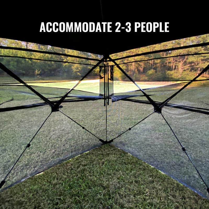 Occult See Through Hunting Blind for 2-3 persons, featuring a 270-degree view, noise-free windows, and durable construction, shown in a grassy field setting.