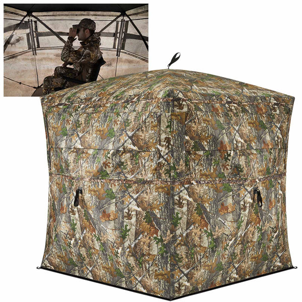 Camouflage hunting blind with see-through panels, accommodating 2-3 people, featuring noise-free sliding windows and durable design for various weather conditions.