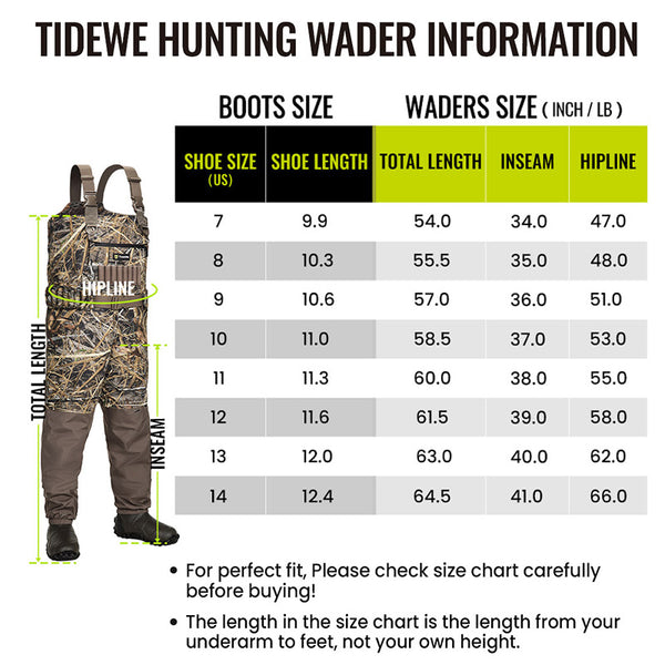 TideWe Breathable Insulated Chest Waders with Camouflage Shorts and Size Chart.