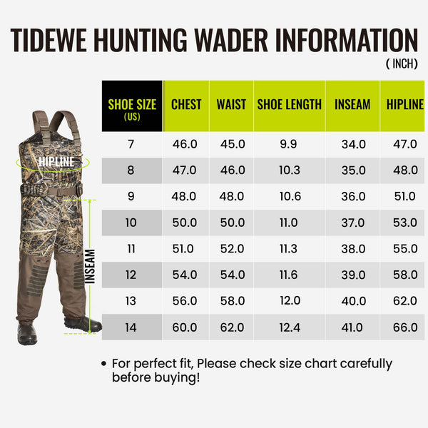 AquaWade Pro Insulated Duck Waterfowl Hunting Chest Waders with a camouflage pattern, chart of clothing measurements, and close-up details of pants and boots.