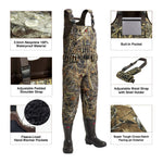 TorridSeeker Heated Duck Waterfowl Hunting Neoprene Chest Waders featuring camouflage design, waterproof material, adjustable straps, and built-in insulated rubber boots for comfort and durability.