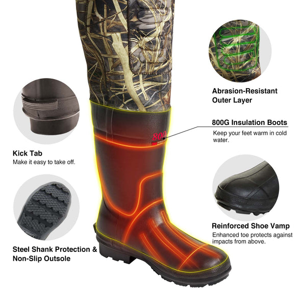 Close-up of TorridSeeker Heated Duck Waterfowl Hunting Neoprene Chest Waders, highlighting the sturdy, insulated rubber boot and durable seam construction.