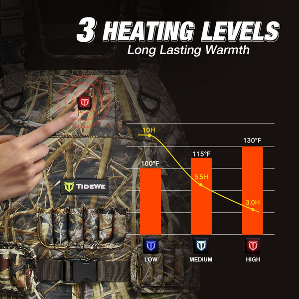 Person adjusting heat settings on TorridSeeker Heated Duck Waterfowl Hunting Neoprene Chest Waders, showcasing smart heating design and adjustable features.