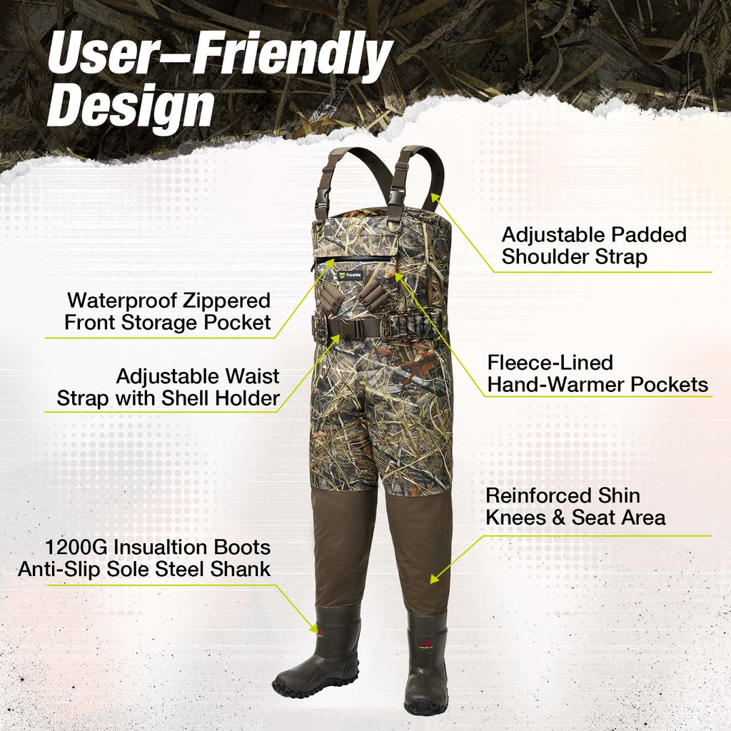 TorridWade Heated Duck Waterfowl Hunting Breathable Chest Waders with camouflage pattern, adjustable suspenders, reinforced knees, and built-in high performance rubber boots.