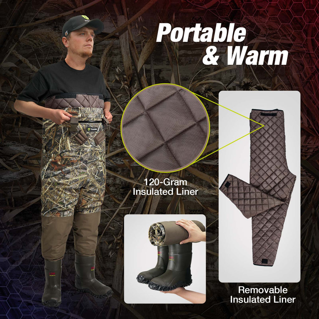 A man wearing TorridWade Heated Duck Waterfowl Hunting Breathable Chest Waders with built-in rubber boots and adjustable suspenders.