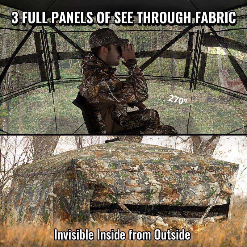 Man in camouflage sits in a chair, looking through binoculars near the Occult See Through Hunting Blind 2-3 Person Pop Up Ground Deer Blind.