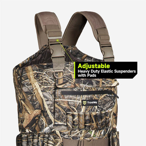 Camouflage backpack with adjustable straps, suitable for AquaWade Pro Insulated Duck Waterfowl Hunting Chest Waders, showcasing breathable, durable nylon shell and user-friendly design features.