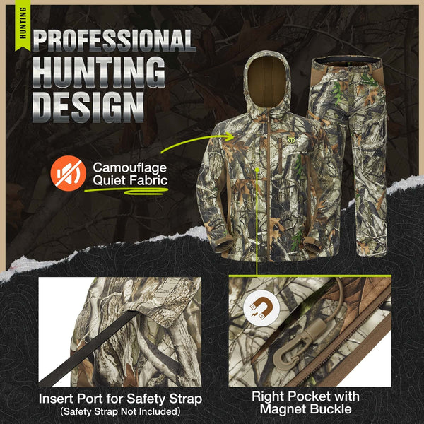 TideWe Men's Hunting Clothes: Camo jacket, pants, logo, zipper, magnet, close-ups of details.