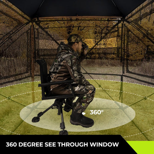 TIDEWE hunting blind with 360° see-through fabric and 270°/360° blackout panel for panoramic views.