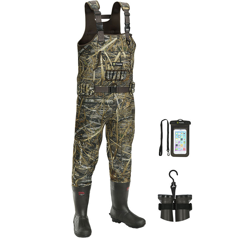 TideWe Hunting Wader Waterfowl Waders (600G & 800G) for Men Women, featuring camouflage overalls, durable boots, and adjustable suspenders for hunting and fishing.