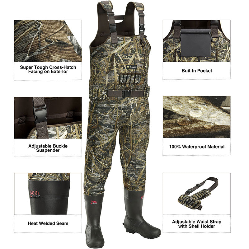 TideWe Hunting Wader Waterfowl Waders (600G & 800G) for Men Women featuring camouflage shorts, adjustable suspenders, and durable, waterproof neoprene material with built-in insulated rubber boots.