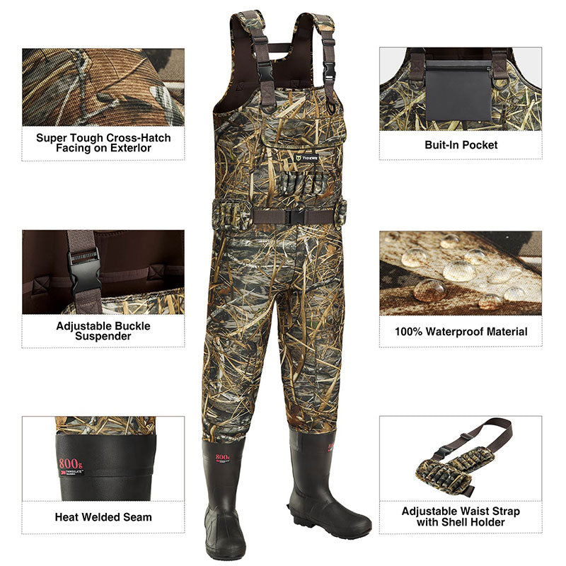 TideWe Hunting Wader Waterfowl Waders (600G & 800G) for Men Women, featuring durable neoprene material, adjustable suspenders, camouflage design, and a sturdy belt.