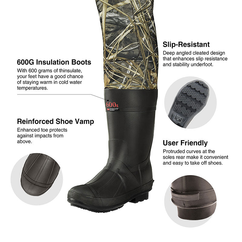 Close-up of TideWe Hunting Wader Waterfowl Waders' durable neoprene upper and solid, insulated rubber boot, showcasing detailed stitching and rugged sole for enhanced traction.