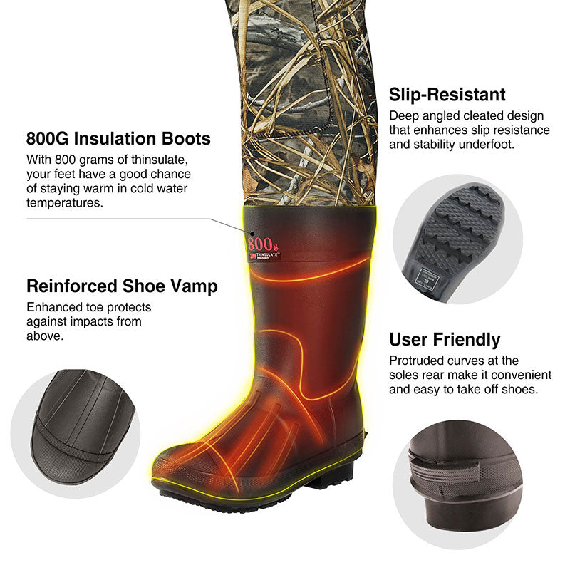 TideWe Hunting Wader Waterfowl Waders (600G & 800G) – Close-up of sturdy, durable boot with reinforced sole, neoprene upper, and adjustable suspenders.