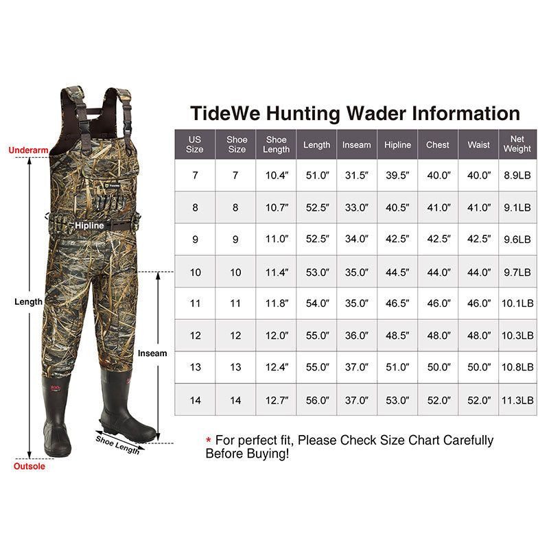 Size chart and camouflage pants for TideWe Hunting Wader Waterfowl Waders (600G & 800G) for men and women, emphasizing durability, waterproof features, and adjustable neoprene suspenders.