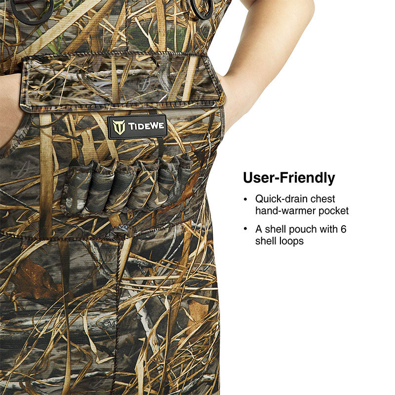 A person wearing TideWe Hunting Wader Waterfowl Waders (600G & 800G) for Men Women, showcasing its camouflage design and adjustable neoprene suspenders.