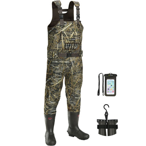 TideWe Hunting Wader Waterfowl Waders (600G & 800G) for Men Women, featuring camouflage overalls, durable boots, and adjustable suspenders for hunting and fishing.