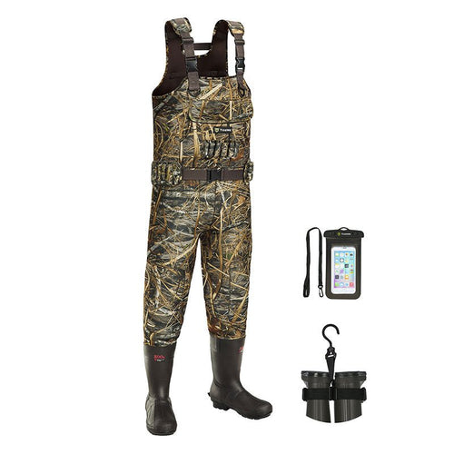 TideWe Hunting Wader Waterfowl Waders (600G & 800G) for Men Women: Camouflage overalls with built-in insulated rubber boots, adjustable suspenders, and chest pocket, ideal for hunting and fishing.