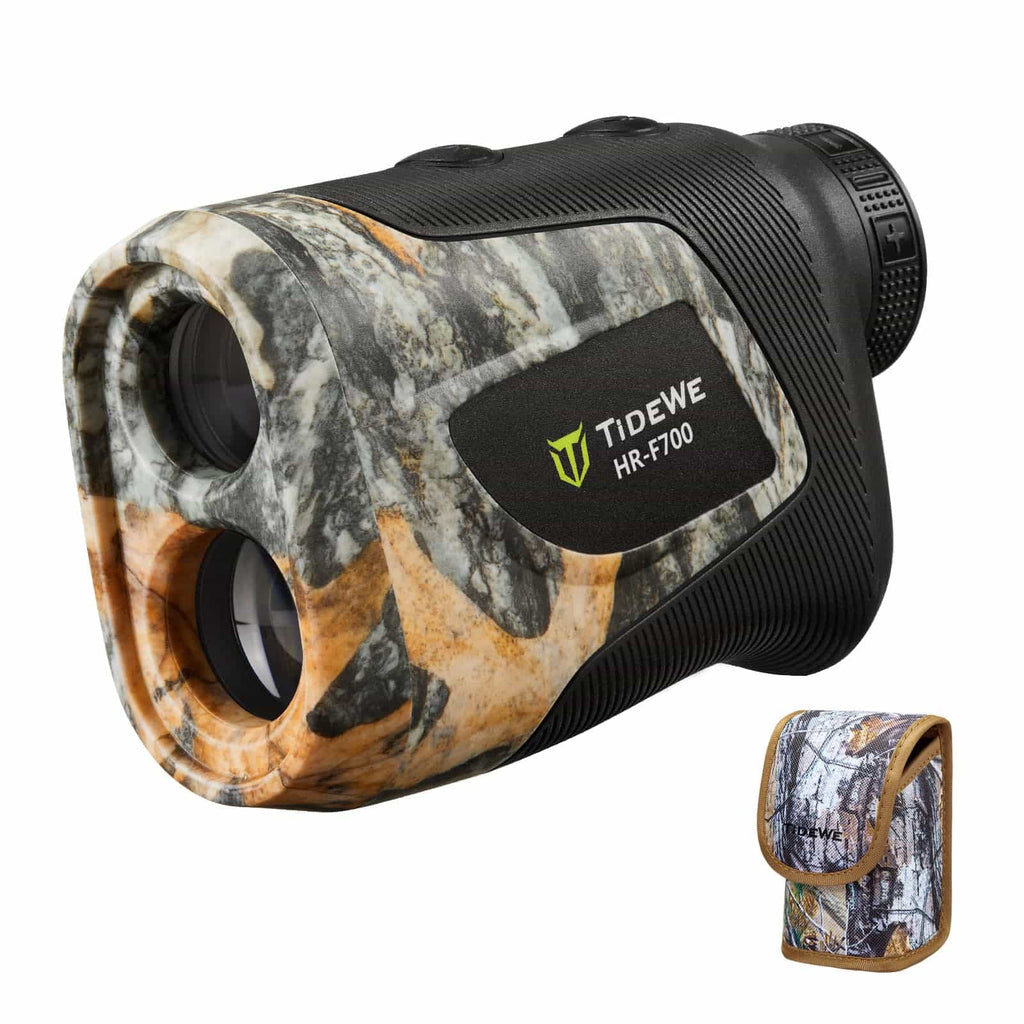 Camouflage binoculars with a case, featuring a visible yellow logo, part of the 270 Degree 3 Full Panels See Through Hunting Blind and Rangefinder Bundle.