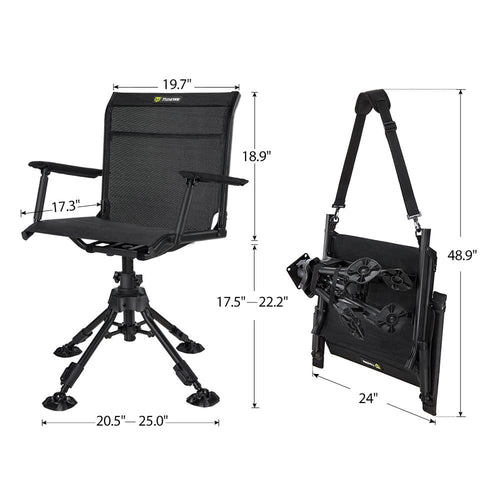 TideWe Hunting Chair with adjustable height, armrests, swivel feature, and straps, showing chair details and measurements.